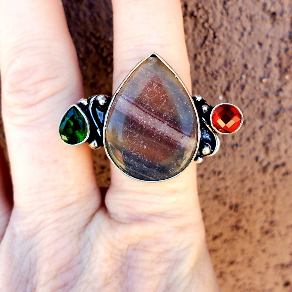 New Fluorite, Garnet and Green Quartz 925 Silver Ring.